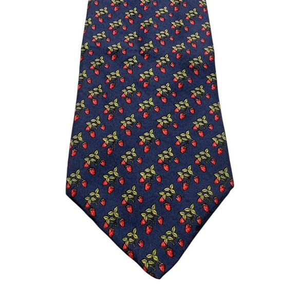 Brooks Brothers Tie Navy Blue Red Green Strawberry Print 100% Silk USA Vintage - Picture 5 of 5